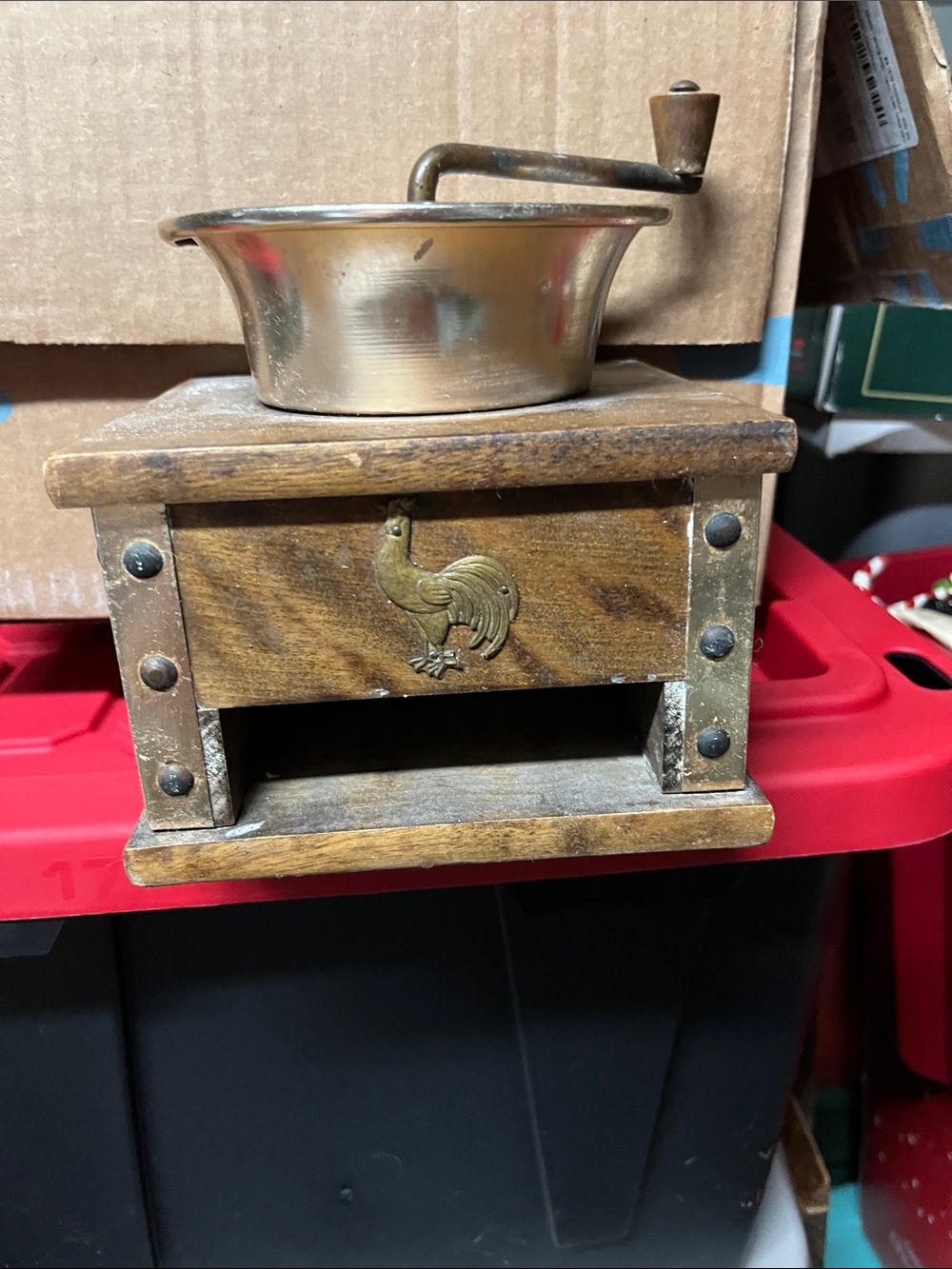 Vintage Wooden Coffee Grinder with Brass Accents and Rooster Motif